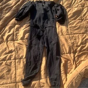 Ulla Johnson Black Damara Cotton Fleece Puff Sleeve Drawstring Jumpsuit Size XS